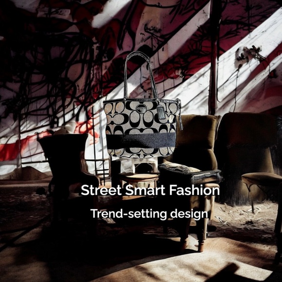 COACH Vintage Luxury Signature Canvas Stripe Canvas Tote in Black/Gray - Picture 7 of 16